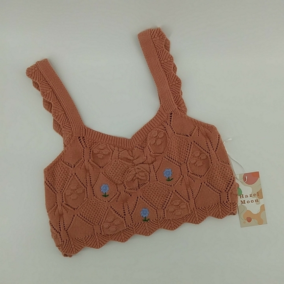 NWT Hazel Moon Knit Sweater Crop Dusty Mauve Orange Blue Flowers Top L - Picture 4 of 8